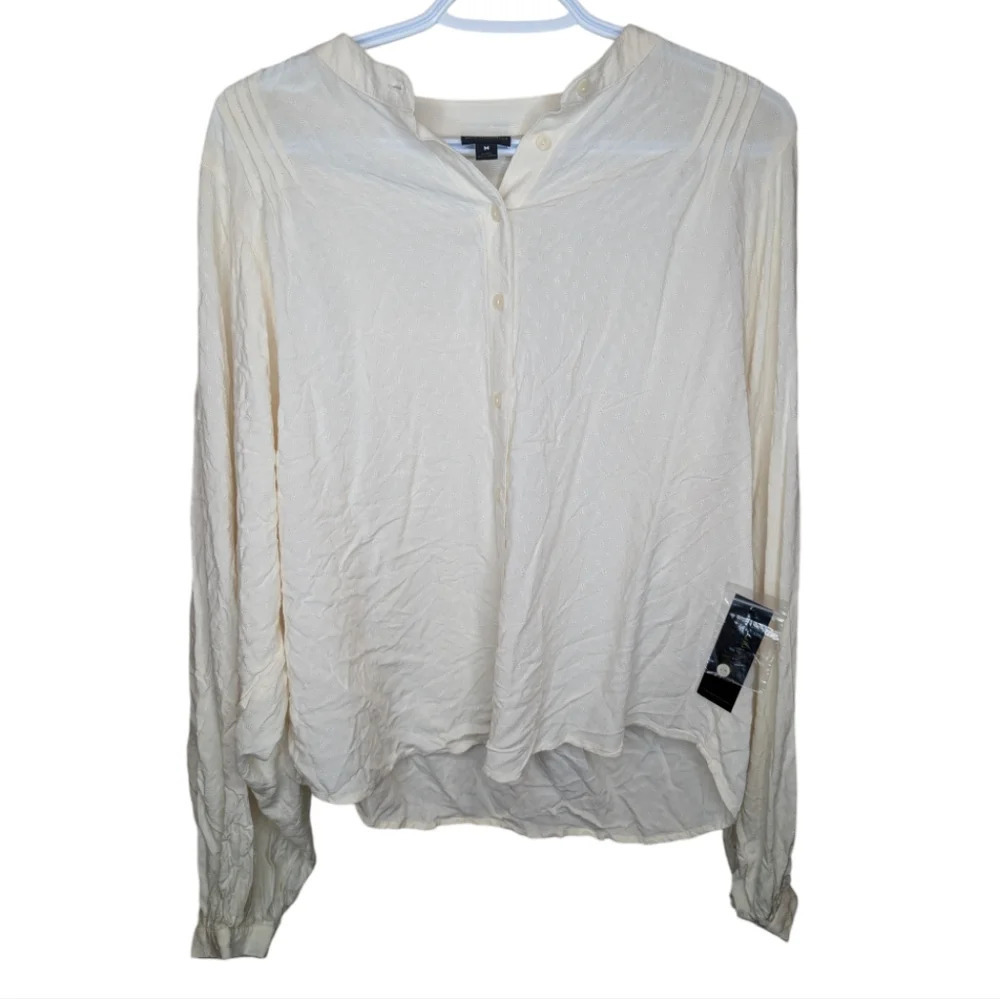 NWT Worthington Creamy White Button Neck  Long Sleeve Peasant Office Blouse M